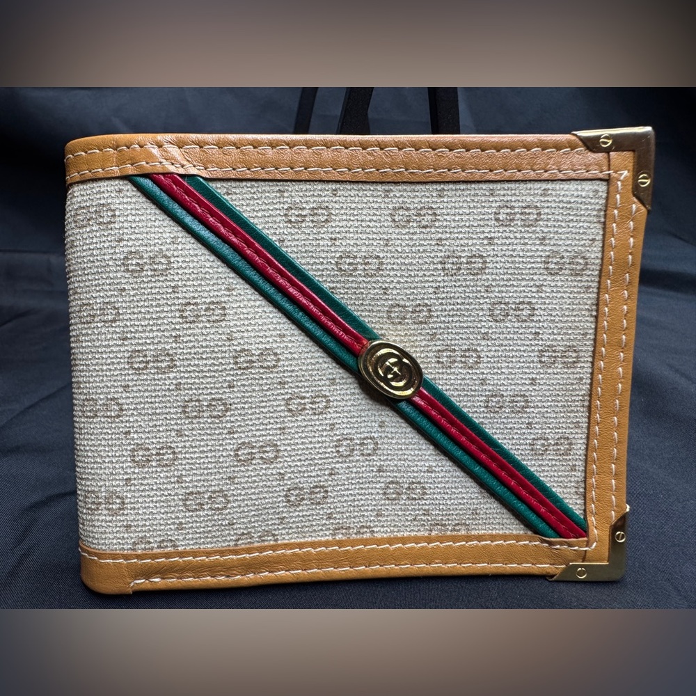 Gucci Rare Canvas and Tan Leather Bifold Wallet with Red-Green Web and Gold GG